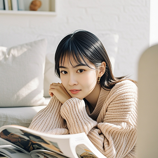 一个女生，坐在沙发上，杂志，浅色毛衣，白色墙壁