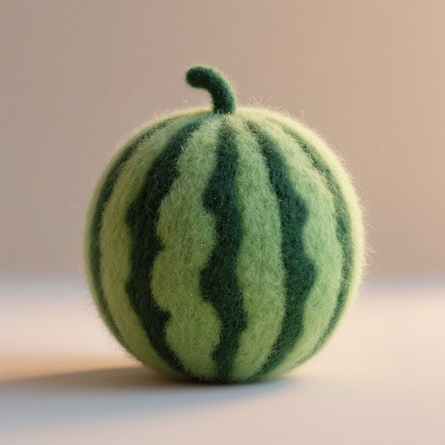 一个毛绒材质的西瓜，表面覆盖柔软绒毛，深绿色条纹，立体感强，色彩明快，光线柔和