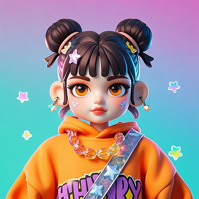 软3D风卡通少女，可爱感十足，色彩渐变背景，点缀星星元素，时尚潮流设计。