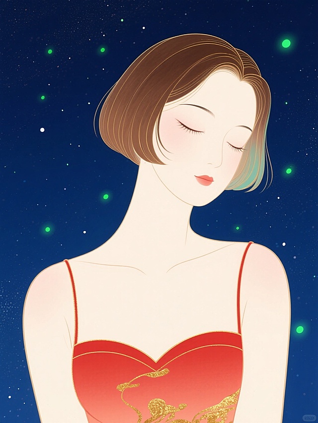 画面中央是一位闭眼的女性，她有着棕色的短发，穿着红色抹胸服饰，背景是深蓝色的星空，点缀着绿色的光点，整体呈现出梦幻、静谧的氛围。