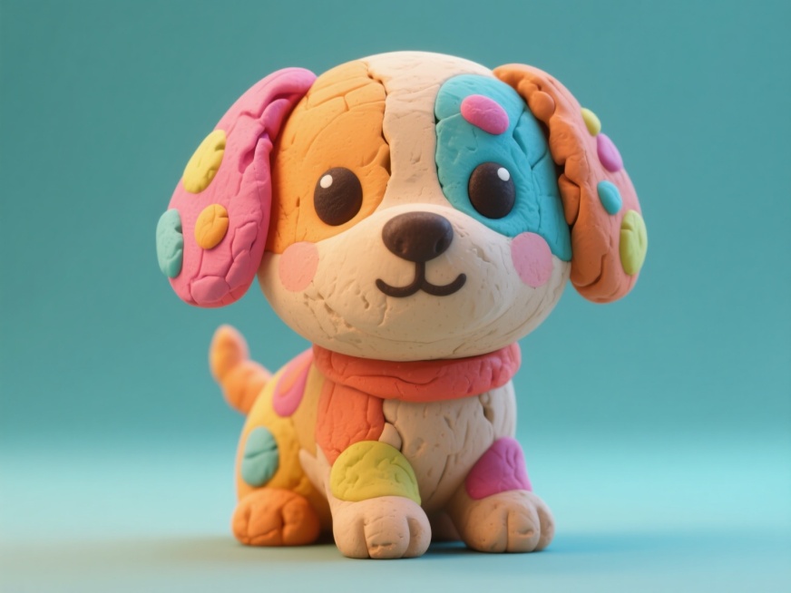 一只可爱的3D粘土风格狗狗，造型圆润，色彩鲜艳，细节丰富，具有立体感和粘土材质的纹理预览效果