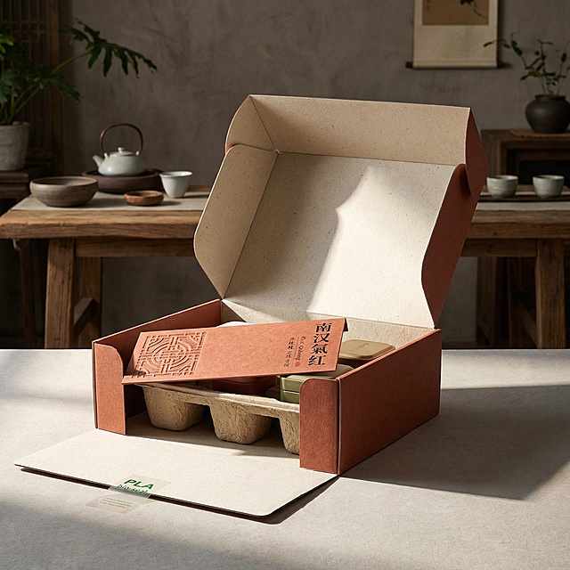 生成磻溪祁红双赛道包装设计图，礼品包装为竹纤维榫卯盒+热敏油墨工艺+AR二维码的三维效果图和平面展开图，电商包装为可展开展示盒+茶托结构+PLA密封贴的三维效果图和平面展开图，整体风格融合非遗工艺与现代环保理念，色彩采用朱砂红、竹青、米白的自然色系