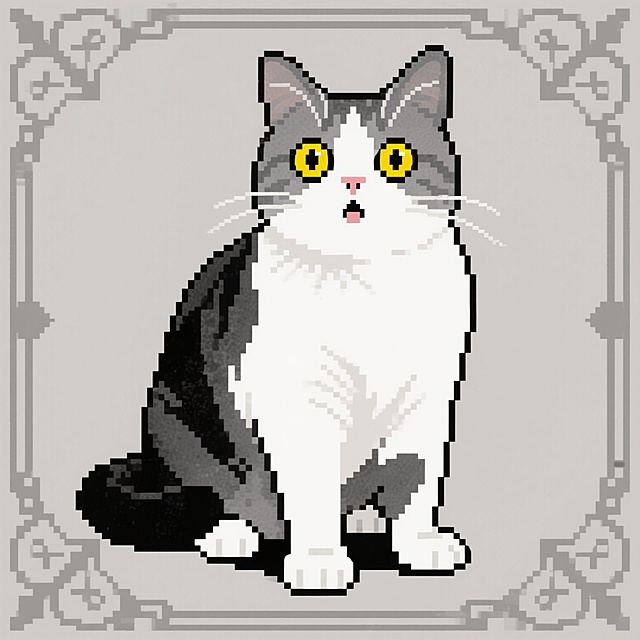 以水墨风格呈现，一只灰白相间、白色毛发集中在脸部、胸部和前爪的猫咪，有着大而圆的明亮黄色眼睛，眼神好奇又惊讶，背景是浅灰色调的简洁画面，用墨色浓淡表现主体与背景。

以像素艺术风格打造，一只灰白相间、白色毛发集中在脸部、胸部和前爪的猫咪，圆睁着明亮黄色的大眼睛，眼神充满好奇与惊讶，站在浅灰色像素化的简洁背景中。

以哥特风格展现，一只灰白相间、白色毛发集中在脸部、胸部和前爪的猫咪，黄色大眼睛闪烁着好奇与惊讶的光芒，背景是浅灰色的哥特式暗纹图案，营造出神秘氛围。

以孟菲斯设计风格呈现，一只灰白相间、白色毛发集中在脸部、胸部和前爪的猫咪，明亮黄色眼睛满是好奇与惊讶，背景是浅灰色搭配几何形状和高饱和度色彩的简洁画面。

以装饰艺术风格描绘，一只灰白相间、白色毛发集中在脸部、胸部和前爪的猫咪，大而圆的黄色眼睛透露出好奇与惊讶，背景是浅灰色的装饰性线条和图案，风格华丽。