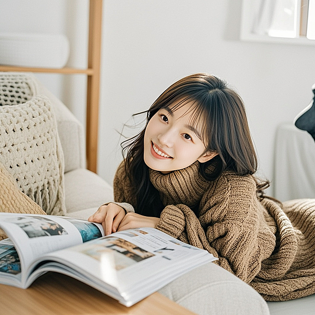 一个女生，坐在沙发上，杂志，棕色毛衣，白色墙壁