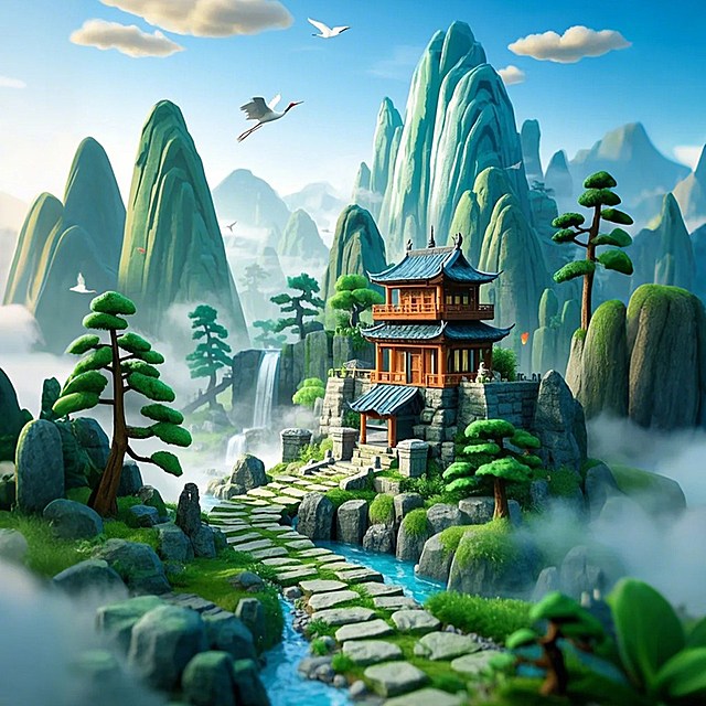中国古代诗情画意的山水场景，山中有亭台楼阁、飞瀑、苍劲的松柏、小草与野花，有一条蜿蜒的石板路，上面长满了翠绿的苔藓，山涧有雾气与白云，空中有飞鹤