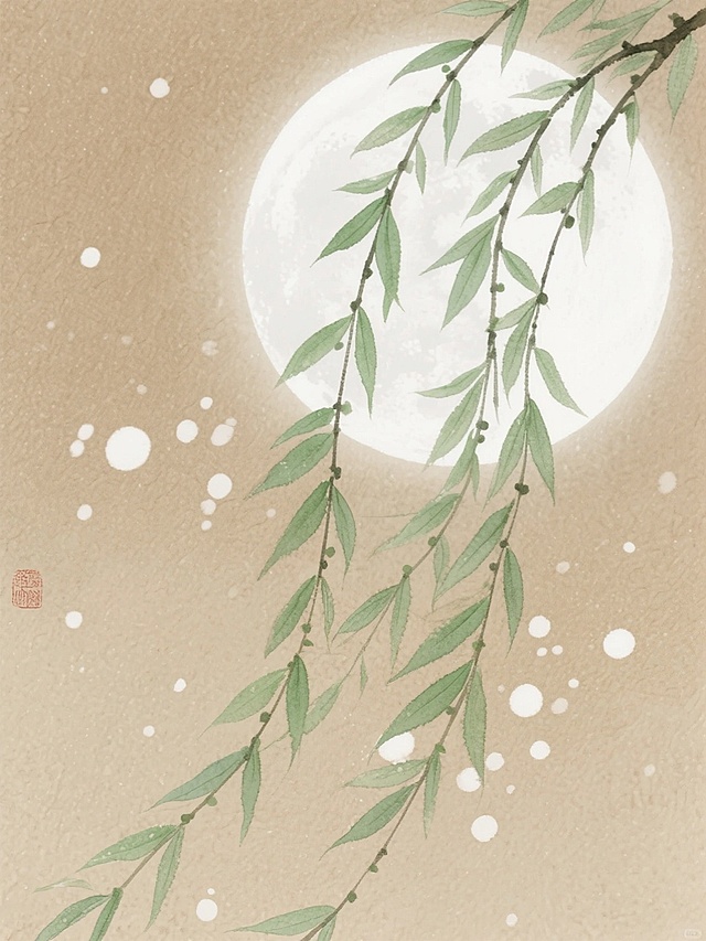 浅棕色背景上，白色圆形月亮旁，绿色柳枝自然垂落，柳枝细节清晰，叶片层次分明，背景散布白色光斑，营造出宁静、柔和的氛围。