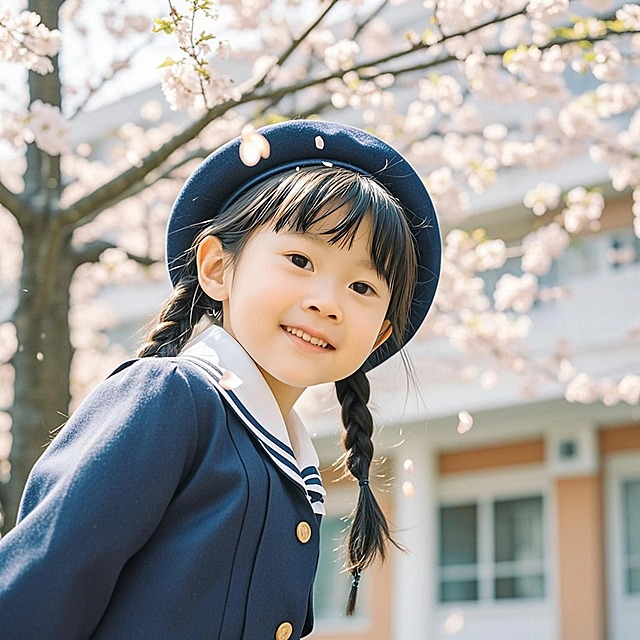 一个女生，樱花树下，校服，麻花辫