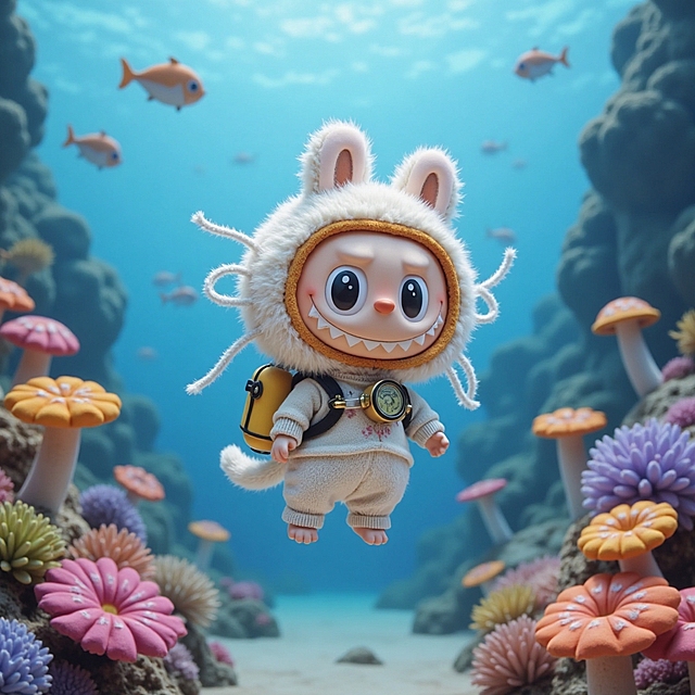 梦幻水下世界，卡通小兔拟人化，超现实主义插画风，色彩斑斓的珊瑚与鱼群。