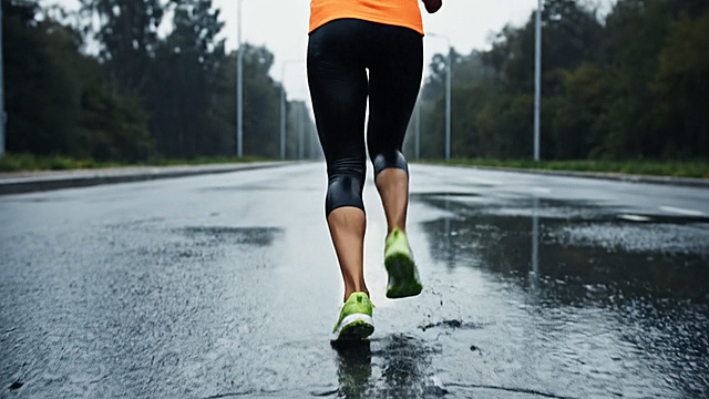 雨中奔跑，荧光绿跑鞋溅起水花，实景感与光影交织，清新清爽中透出运动风与励志感，双色设计强化视觉冲击，现代感十足。