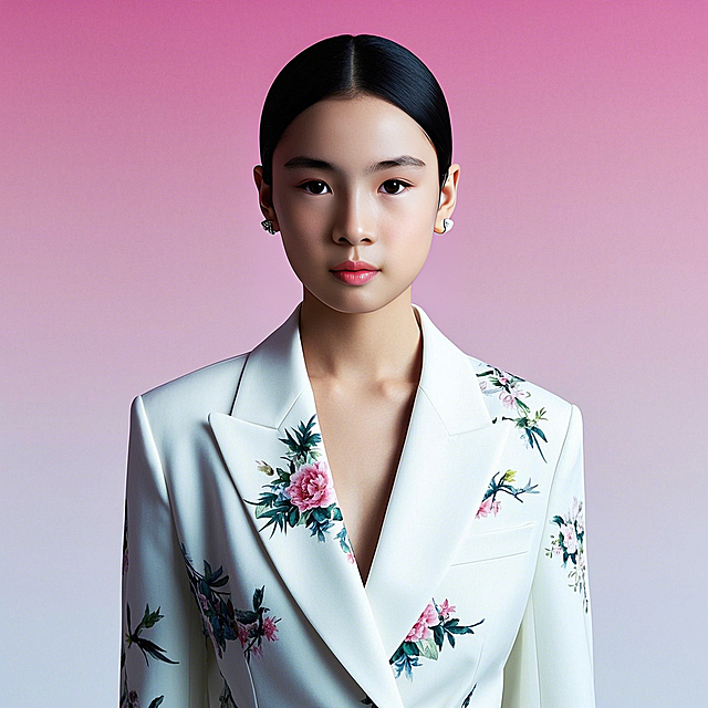 一个女生，正面，花鸟图案白色西服，粉白渐变背景