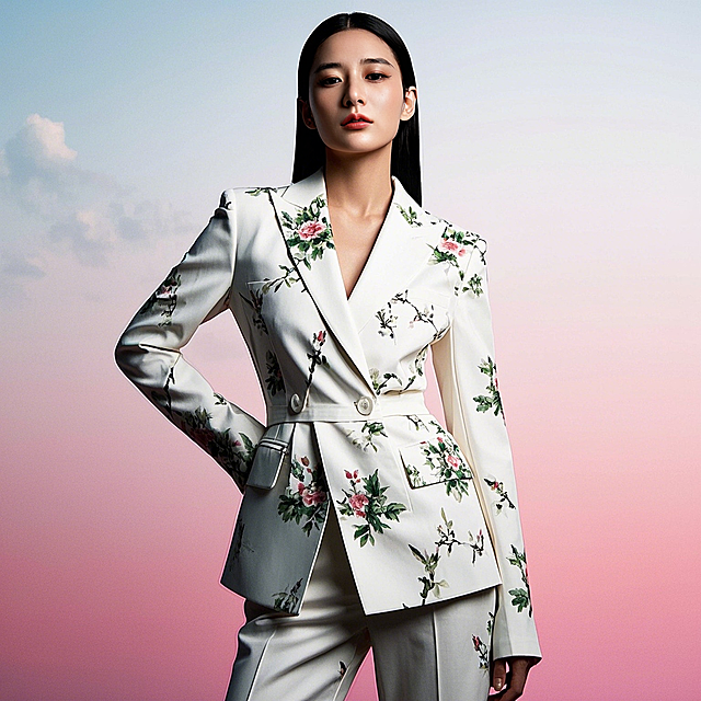 时尚国潮风西装，清新花卉点缀，优雅杂志感设计，展现现代女性魅力。