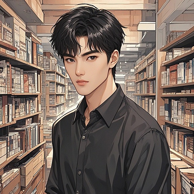 复古漫画风，背景在书店