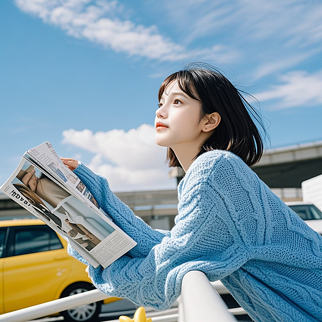 抱着杂志的女生，蓝色毛衣，停车场，蓝天