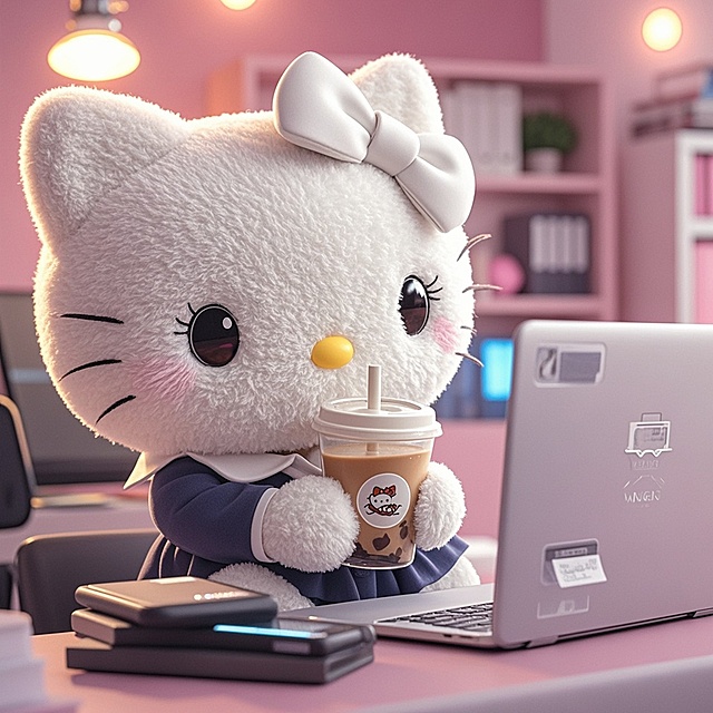 Kitty猫拿着奶茶打工
