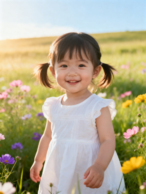 一个天真可爱的小女孩，站在开满鲜花的草地上，阳光明媚，色彩清新自然，充满童真童趣，画面温馨治愈预览效果