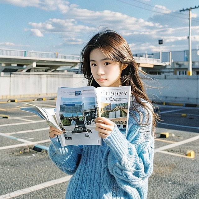 抱着杂志的女生，蓝色毛衣，停车场，蓝天