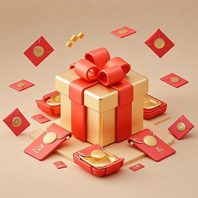 礼盒，周围放射状的红包