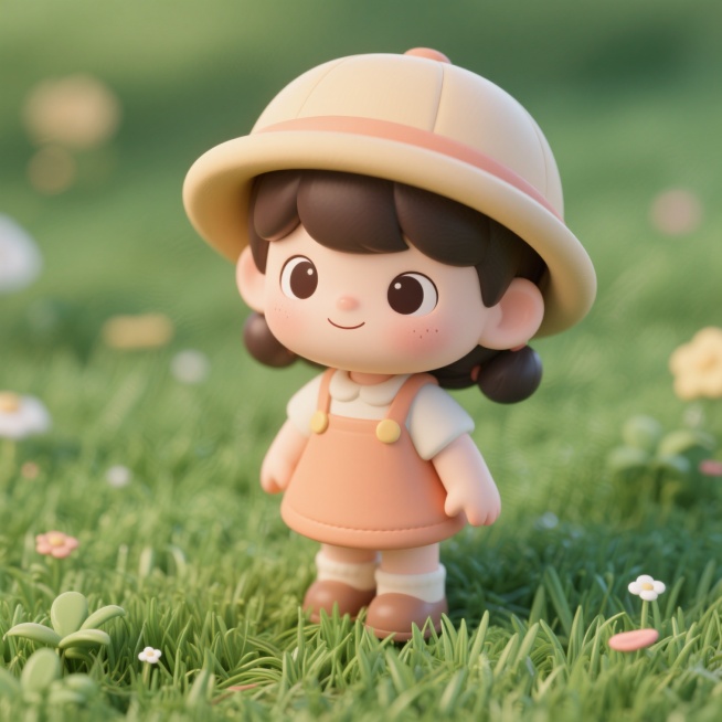 一个小女孩，戴帽子，在草地上预览效果