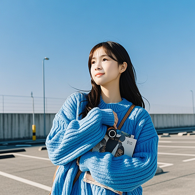 抱着杂志的女生，蓝色毛衣，停车场，蓝天