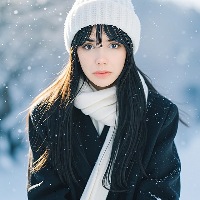 女生，黑色长发，白色围巾，白色帽子，黑色风衣，雪地，眼部大特写