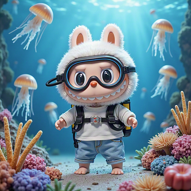 3D卡通风格，拟人化小兔潜水探险，梦幻海底世界，清新可爱。