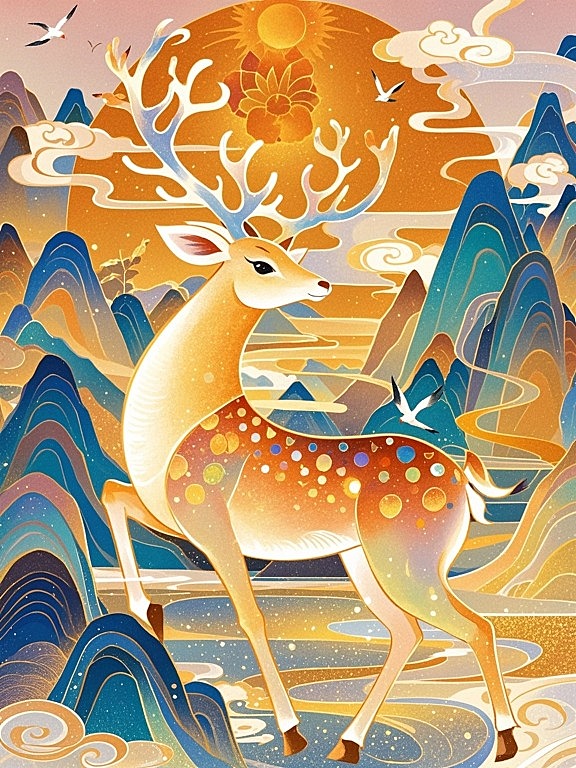 一只敦煌神兽九色鹿，突出神兽主体，背景是诗意山水，空中有祥云、飞鸟，有太阳，颜色丰富、渐变色，充满神秘、梦幻感觉