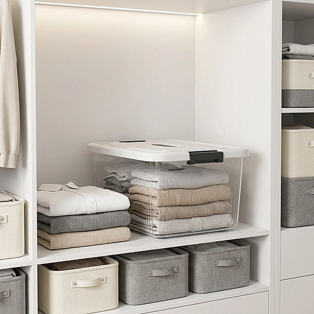 一张明亮整洁的居家风格收纳箱场景图。主体是透明箱体白色带黑色卡扣的收纳箱，放置在白色的衣柜内部层板上，光线采用商业高调摄影，柔和的顶光均匀照亮柜体内部，整体明亮干净。收纳箱旁叠放着整齐的衣物和布艺收纳盒，背景是简约的白色衣柜柜体，营造有序的衣物收纳场景氛围。构图采用三分法，产品作为视觉重心，画面细腻真实。