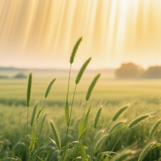 远景镜头，在一片广袤无垠、被岁月遗忘的古老田园，细长且笔直的绿色燕麦草穗在微风中轻轻摇曳，每一根都像是大自然精心雕琢的碧玉簪，草穗上细腻的脉络如同古老羊皮卷上的神秘纹路，清晰而深邃。背景是被夕阳染成暖黄色的天空，如同一块巨大而柔软的丝绸帷幕，营造出温暖、梦幻且朦胧的氛围。金色的光线从天空中如瀑布般倾泻而下，均匀地洒在草穗上，为它们镀上了一层如梦似幻的光晕，让整个画面宛如仙境。整体风格清新自然，……预览效果