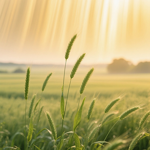 远景镜头，在一片广袤无垠、被岁月遗忘的古老田园，细长且笔直的绿色燕麦草穗在微风中轻轻摇曳，每一根都像是大自然精心雕琢的碧玉簪，草穗上细腻的脉络如同古老羊皮卷上的神秘纹路，清晰而深邃。背景是被夕阳染成暖黄色的天空，如同一块巨大而柔软的丝绸帷幕，营造出温暖、梦幻且朦胧的氛围。金色的光线从天空中如瀑布般倾泻而下，均匀地洒在草穗上，为它们镀上了一层如梦似幻的光晕，让整个画面宛如仙境。整体风格清新自然，洋溢着浓郁的田园牧歌气息，色调以清新的翠绿与温暖的金黄为主，两者相互映衬，和谐统一。