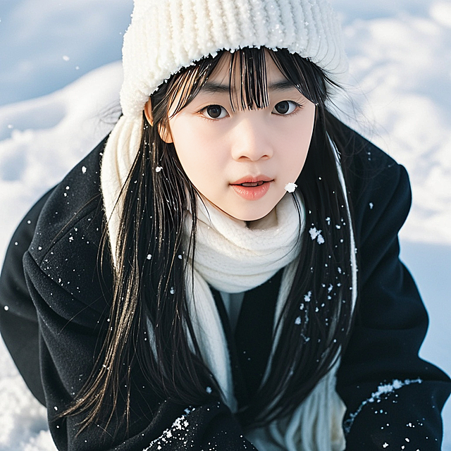 雪景中，少女身着暖衣，清新甜美，轻拟物风设计，实景感十足。