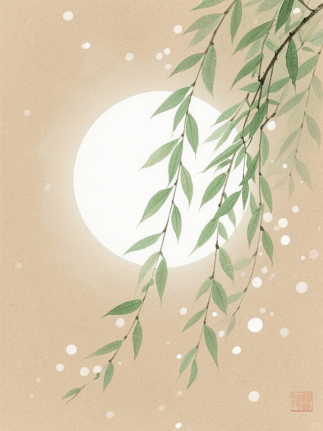 浅棕色背景上，白色圆形月亮旁，绿色柳枝自然垂落，柳枝细节清晰，叶片层次分明，背景散布白色光斑，营造出宁静、柔和的氛围。