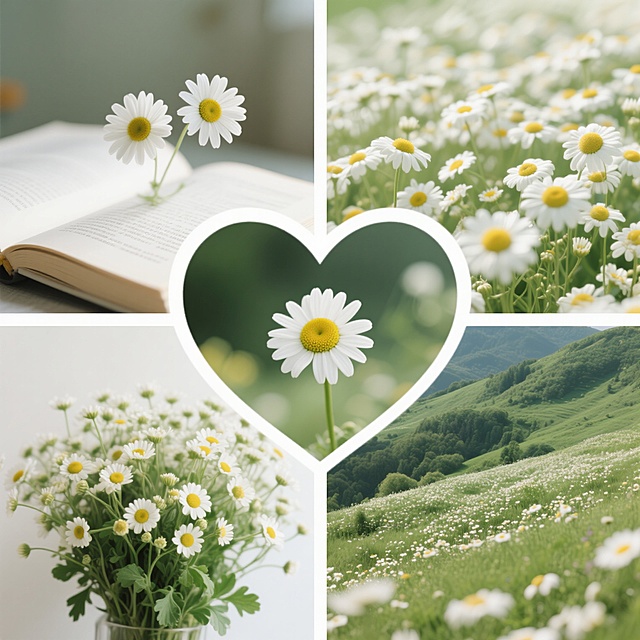 由五张小雏菊照片组成的拼贴画，风格清新自然，色调柔和。左上角照片中，两朵白色小雏菊置于书页上，背景模糊，营造出文艺氛围。右上角照片展现大片小雏菊，花朵密集，色彩明亮。中间心形框内照片聚焦一朵小雏菊，背景虚化，突出主体。左下角照片呈现一束小雏菊，花朵繁茂，绿叶衬托。右下角照片是漫山遍野的小雏菊，绿色山坡与白色花朵形成鲜明对比，充满生机。整体构图巧妙，通过不同场景展现小雏菊的多样美，传递出宁静、美好的情感。