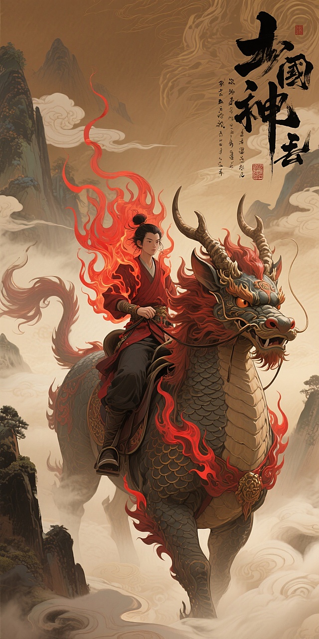中国风插画风格，以棕色为主色调，在神秘且富有东方奇幻色彩的氛围中，一个骑在麒麟身上的人物被红色火焰状装饰环绕，麒麟的头部细节丰富，麟甲、鬃毛、犄角刻画细致，背景有云雾缭绕的山峦和灵动的书法字体。