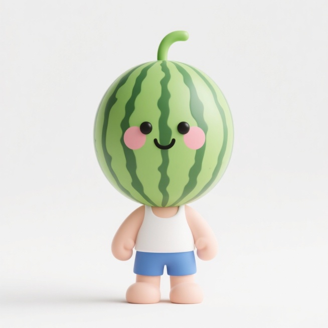 一个拟人化的西瓜人，身体是圆形的西瓜，绿色带深绿色条纹的外皮，顶部有绿色的瓜蒂，脸部有可爱的黑色眼睛、微笑的嘴巴和粉色腮红，穿着简单的白色背心和蓝色短裤，双手双脚是圆润的瓜瓣形状，站立在白色背景前，3预览效果