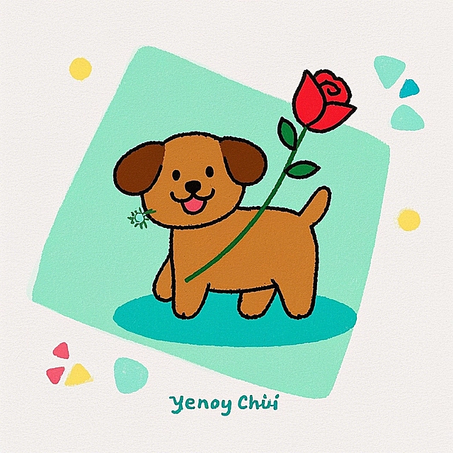 水彩风插画，可爱小狗拟人化手持玫瑰，节日氛围温馨。