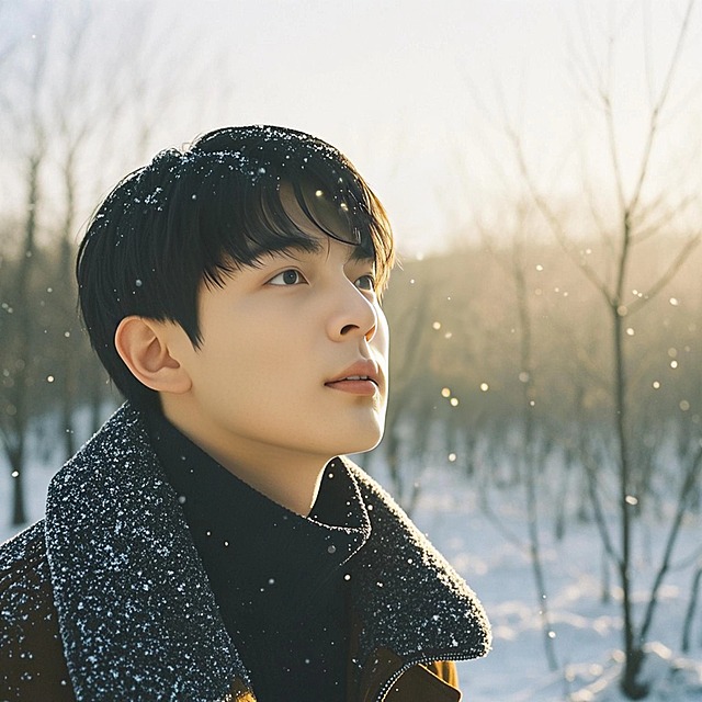 男生，冬日服装，雪地，眼部大特写