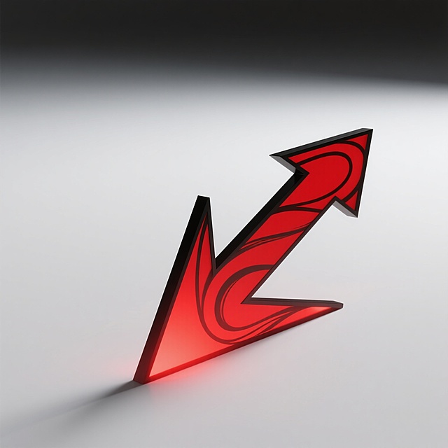 中景镜头，在一片被无尽的纯白所笼罩、宛如混沌初开般寂静的空间里，一支巨大的、线条灵动如游龙般流畅的红色箭头赫然矗立，它的边缘被深邃如夜的黑色精准勾勒，仿佛是命运之笔的点睛之触。箭头散发着炽热而夺目的光芒，如同穿越黑暗的希望之光，毫不含糊地指向未知的远方，背景的纯净白色一尘不染，没有丝毫杂质，衬托得箭头更加鲜明突出，将方向指引的信息以一种震撼而直接的方式传递出来，色调是热烈的正红色与纯粹的白色的强烈对比。