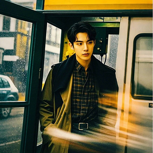 一个男生，电话亭，雨天