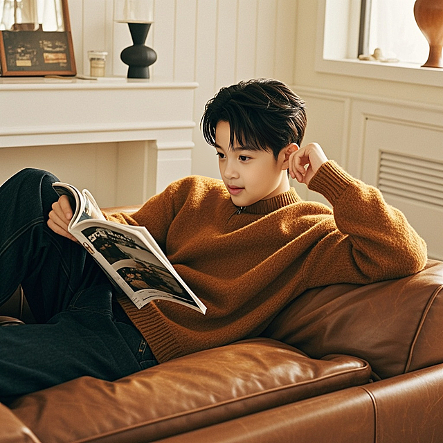 一个男生，坐在沙发上，杂志，棕色毛衣，白色墙壁