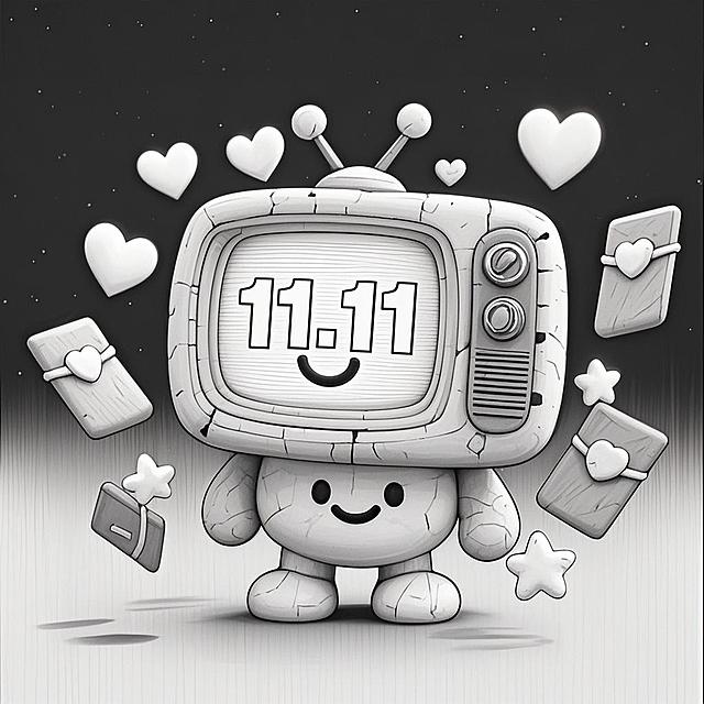 粘土风拟人电视萌物，屏幕显示“11.11”，环绕爱心与礼盒，插画感十足，传递温馨甜蜜的双十一节日氛围。