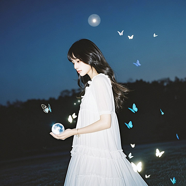 一个白裙子的女子，月亮碎片，梦蝶