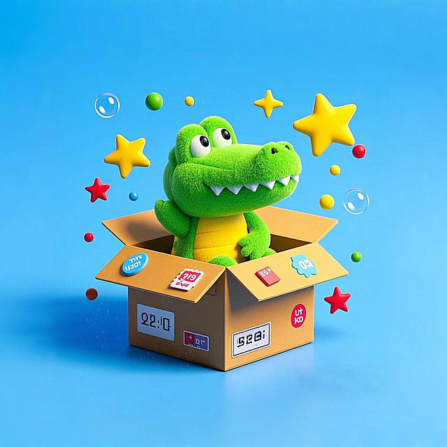 一只可爱的绿色鳄鱼坐在快递纸箱里 纸箱打开状态 纸箱上有涂鸦和贴纸 周边是星星 气泡框 爆炸框等元素 白蓝色渐变背景 鳄鱼在画面的中心