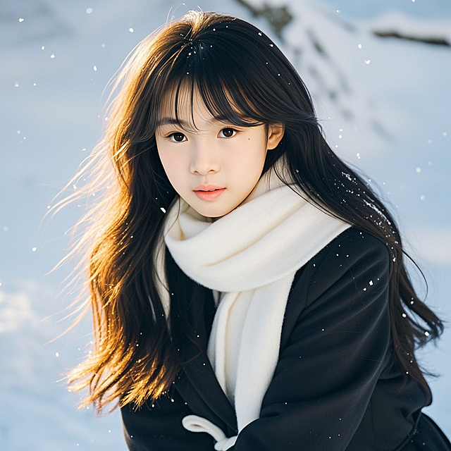 女生，黑色长发，白色围巾，白色帽子，黑色风衣，雪地，眼部大特写