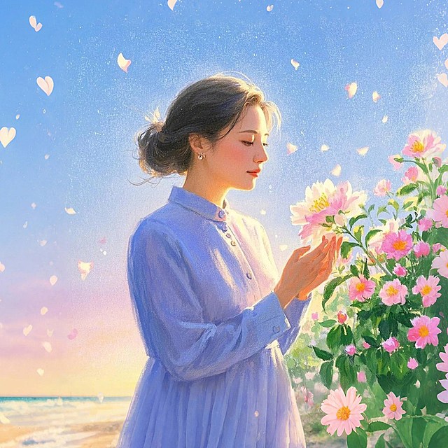 一个成熟优雅的中国女人，花朵，花瓣，天空，逆光