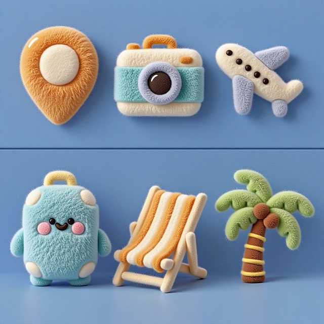 3D粘土风设计，可爱卡通拟人化元素，展现轻松旅行氛围。