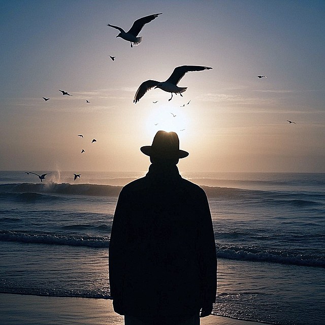 一只海鸥，戴帽子的男人，海边