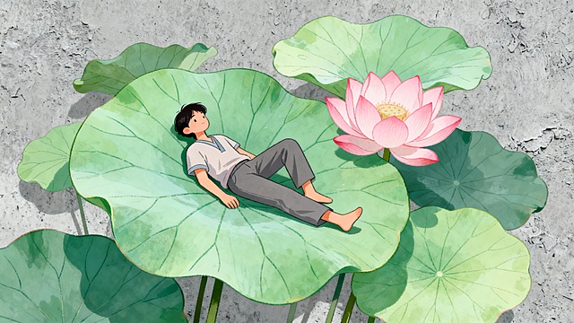 处暑节气主题插画，画面主体为一个穿着上衣和裤子的人物，悠闲地躺在巨大的绿色荷叶上，周围环绕着更多荷叶和一朵盛开的粉色荷花，背景为灰色粗糙质感，整体风格清新自然，充满夏日氛围。
